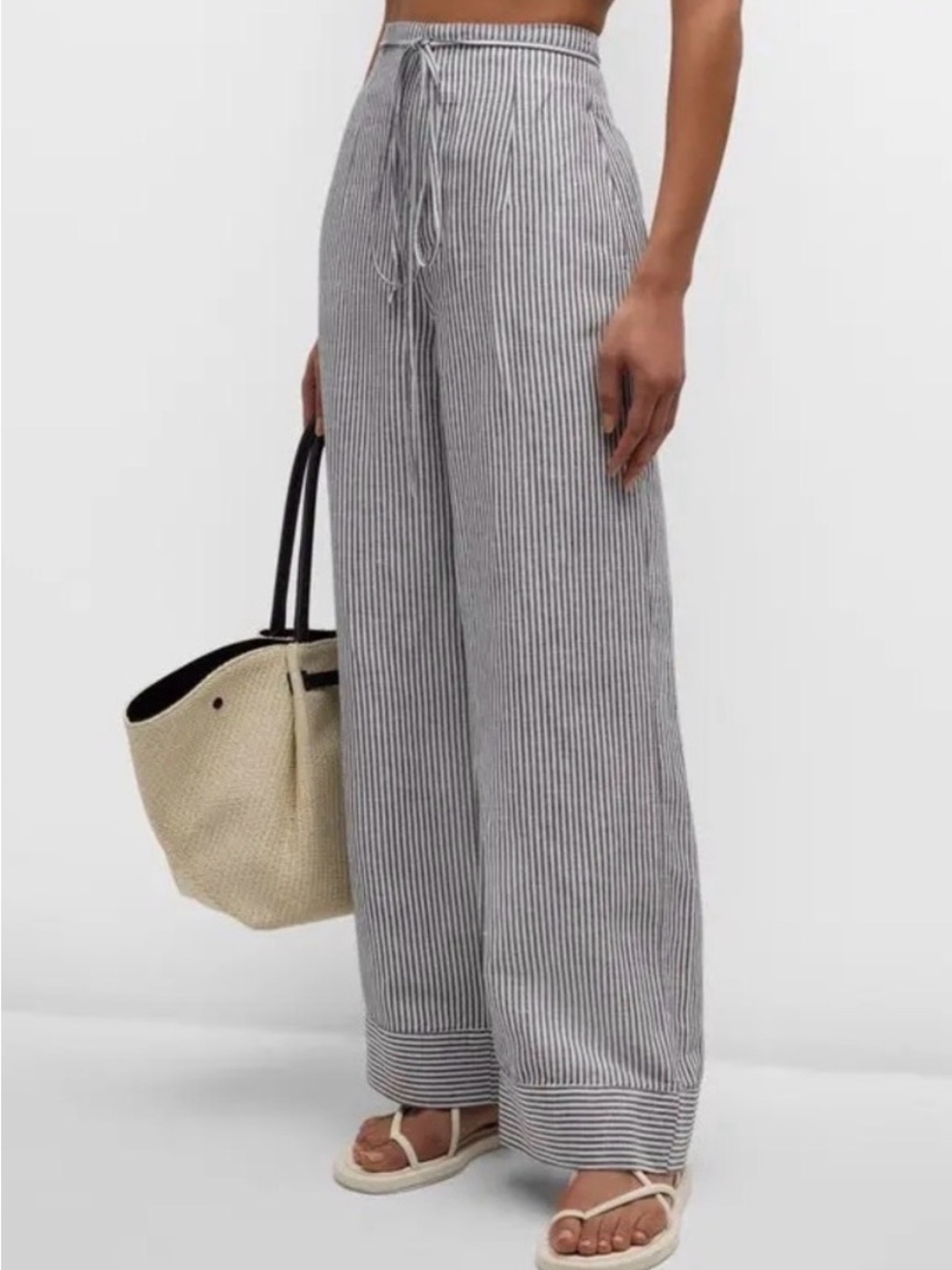 NEW Onia Air Linen paperbag Trouser Striped Wide Leg Pants blue white high waist